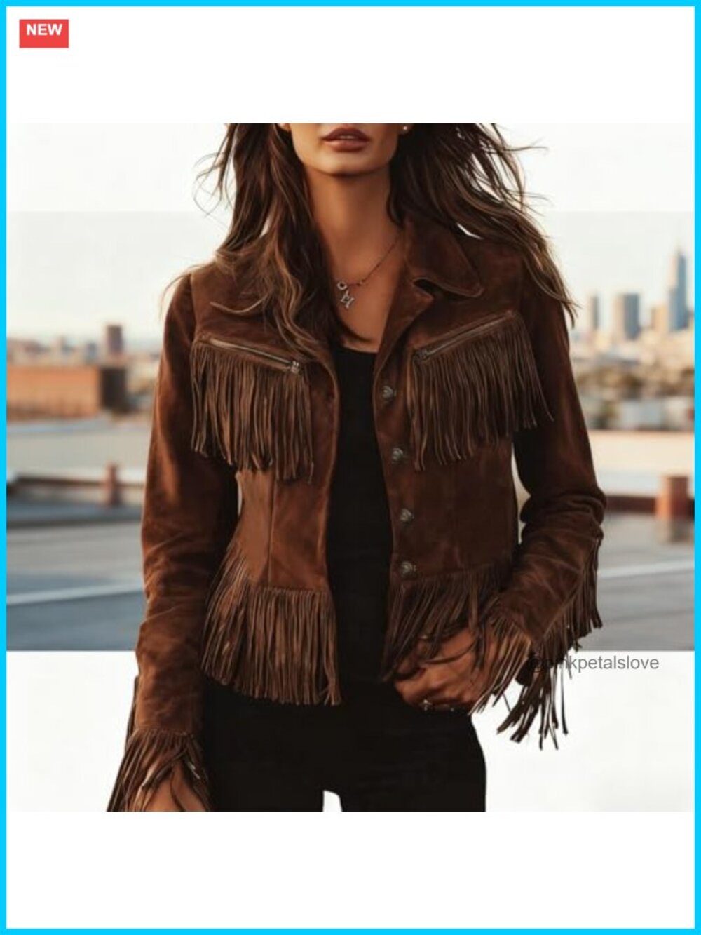 Vintage Lapel Long Sleeve Faux Suede Leather Tassel Fringe Motorcycle Jacket - Picture 4 of 6